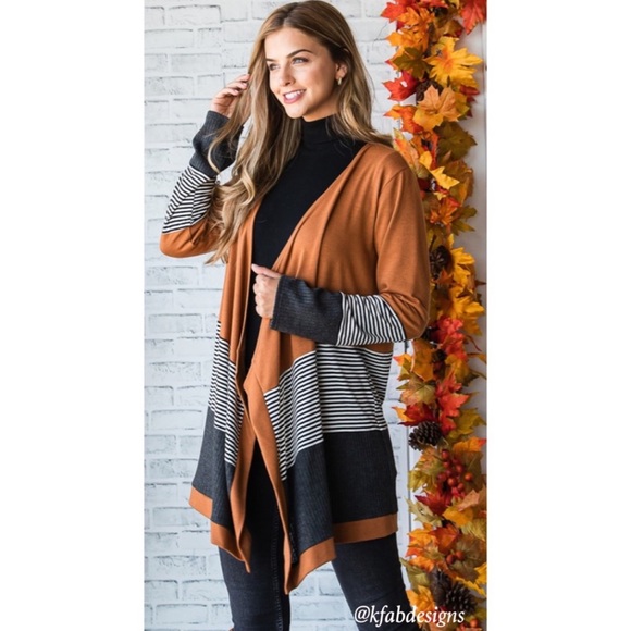 B41W🤎🖤New! Gorgeous tobacco+ black open front cardigan w/black+gray accents! - Picture 6 of 8